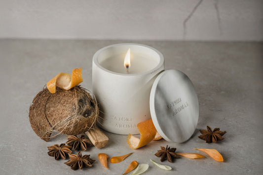ZYRAH luxury refillable concrete candle with tropical fruit and sandalwood fragrance by Satori Aromas
