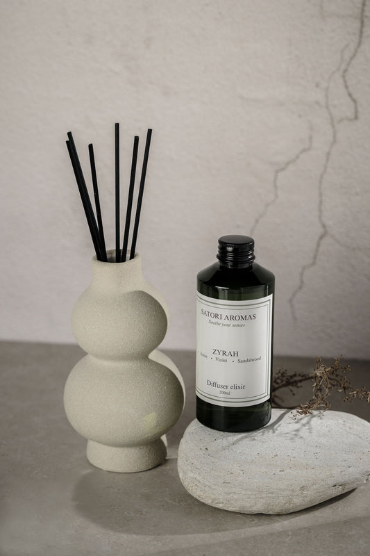 ZYRAH refillable reed diffuser in concrete vase with tropical floral fragrance by Satori Aromas