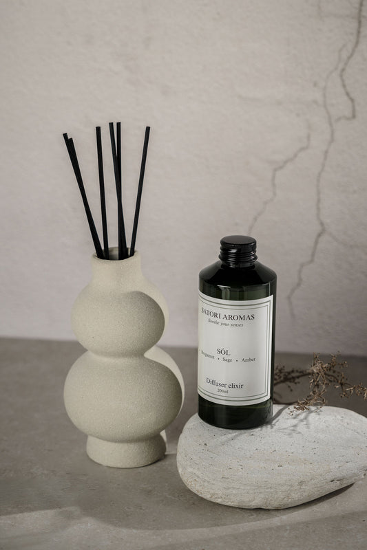 SÓL refillable reed diffuser in concrete vase with coastal bergamot and sage fragrance by Satori Aromas